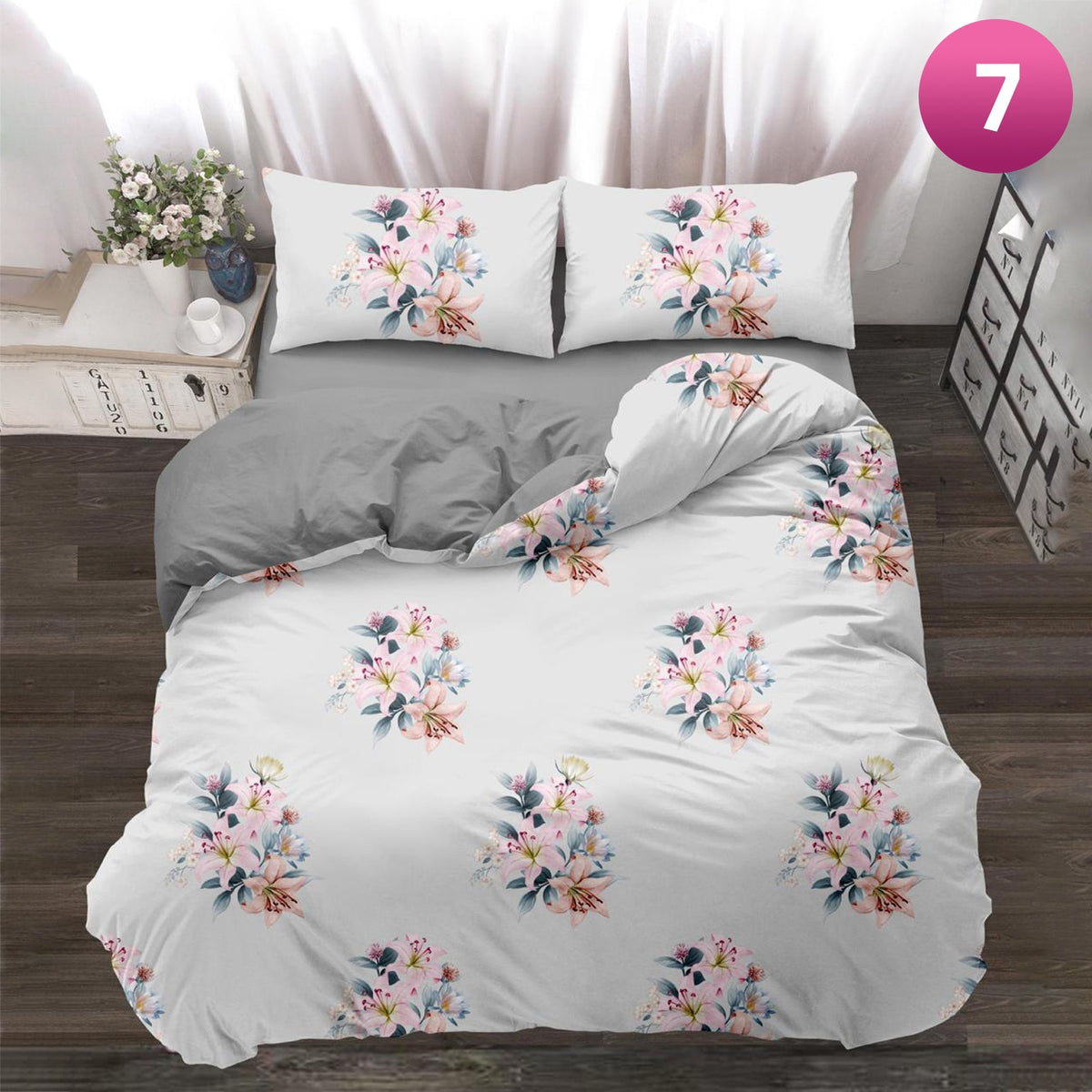 King Size Cotton Quilt Bedding Set on a bed with a wooden floor and decorative items in the background.