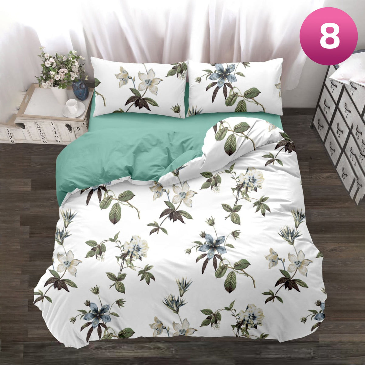 King Size Cotton Quilt Bedding Set on a bed with a nightstand and decorative items.