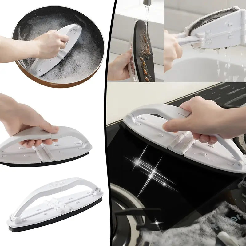 Someone cleaning plates with Folding Sponge Cleaning Brush