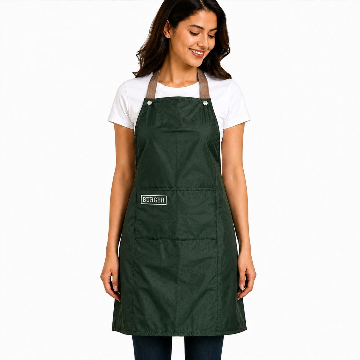 Woman wearing a green apron with 'Burger' logo on a white background