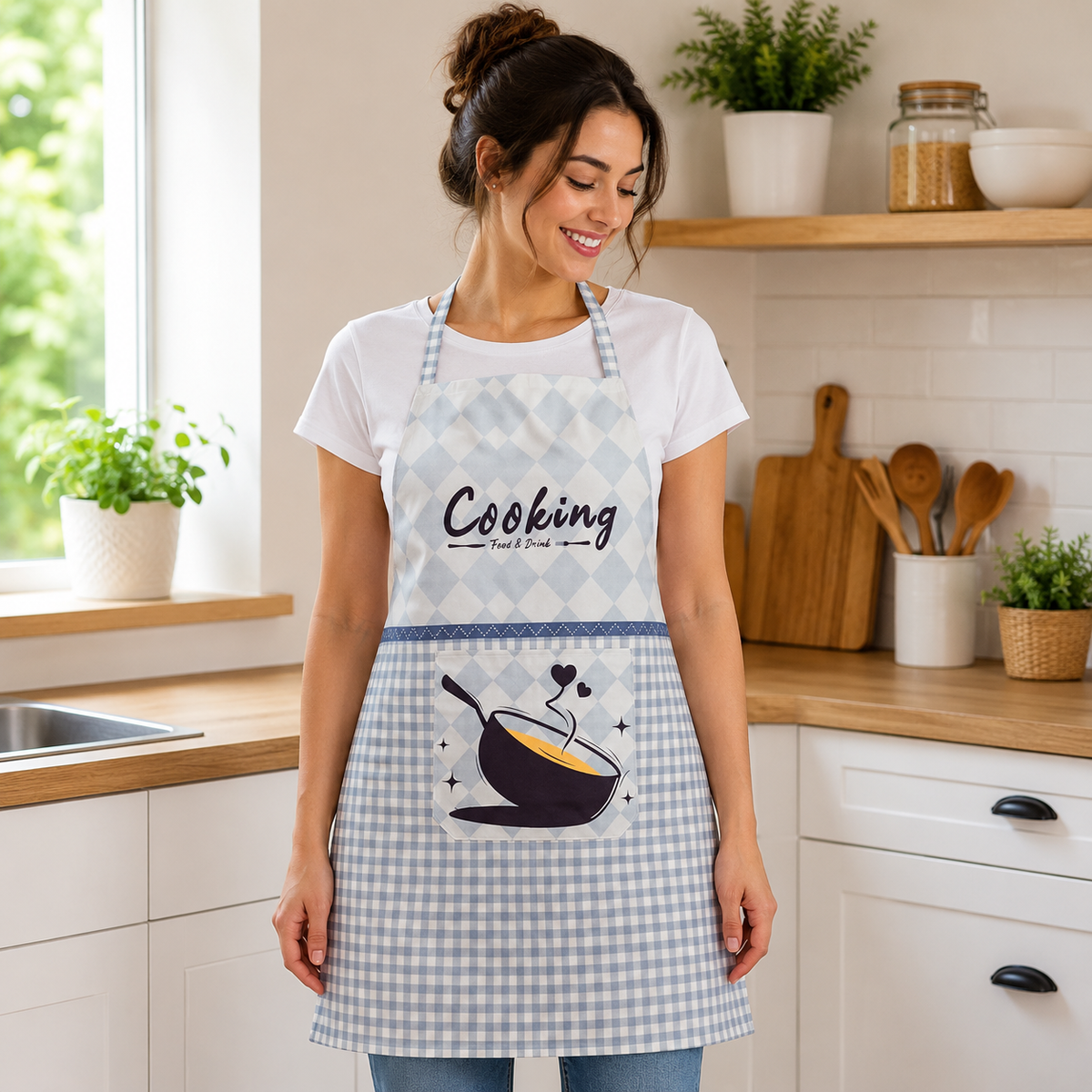 Woman wearing a 'Cooking' apron in a kitchen setting