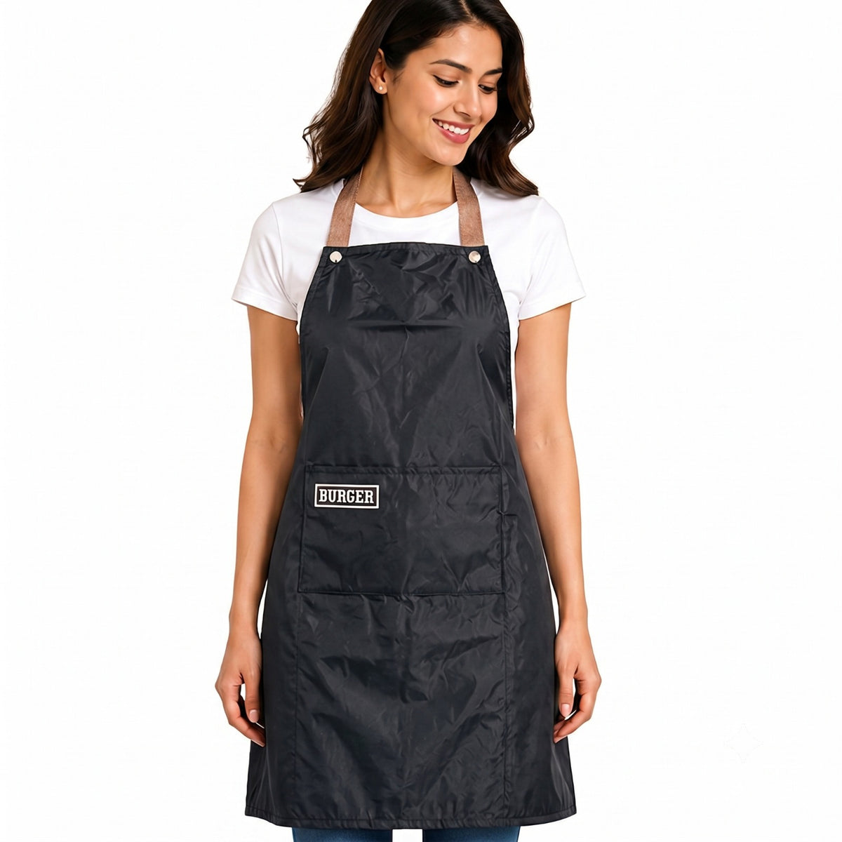 Woman wearing a black apron with 'Burger' logo on a white background