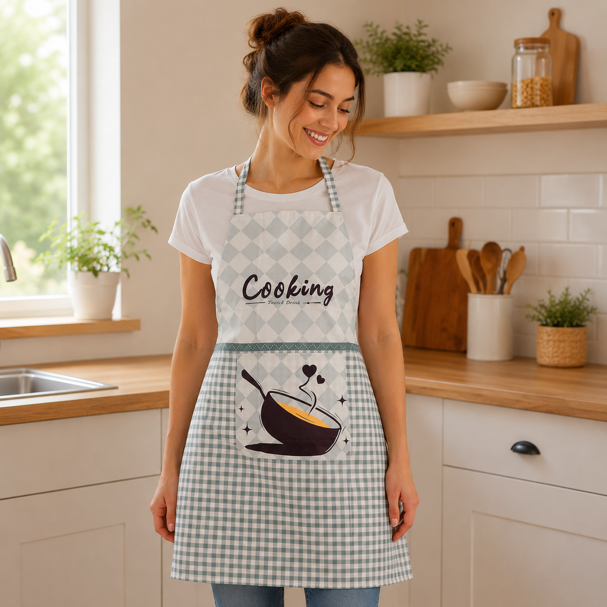 Woman wearing a 'Cooking' apron in a kitchen
