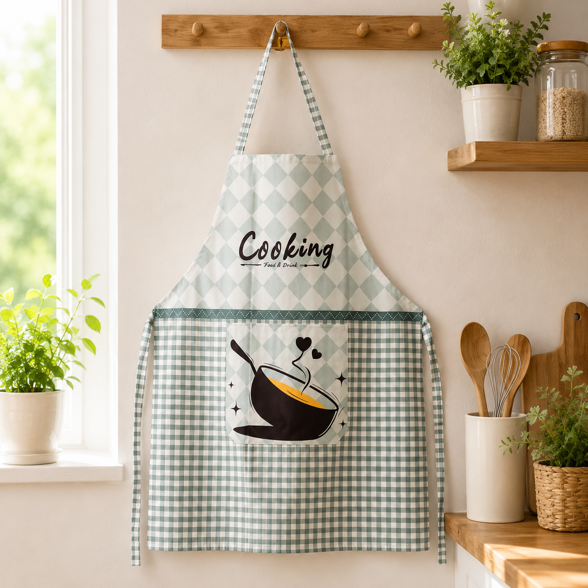 Checkered apron with 'Cooking' text and coffee design hanging in a kitchen.
