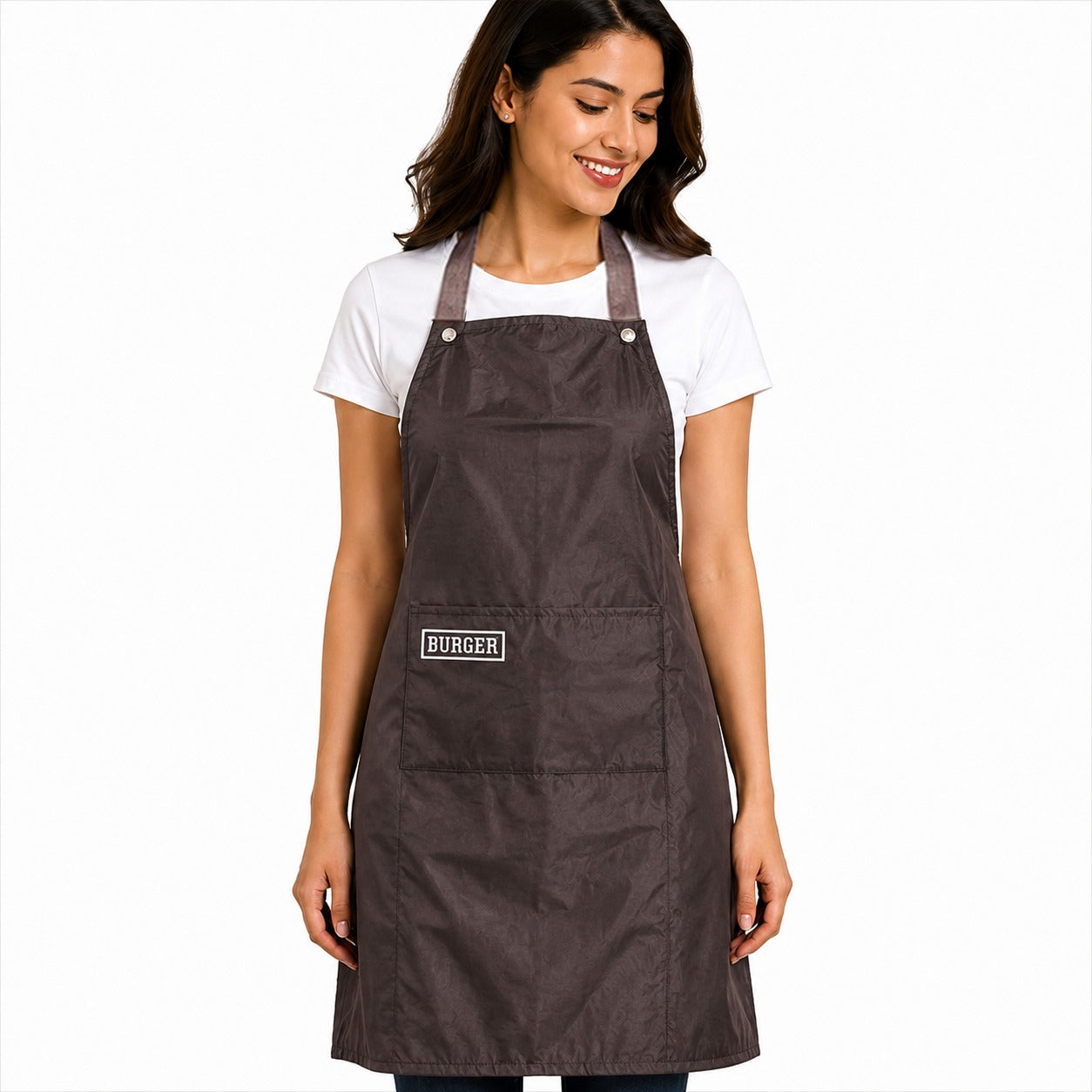 Woman wearing a brown apron with 'Burger' logo on a white background