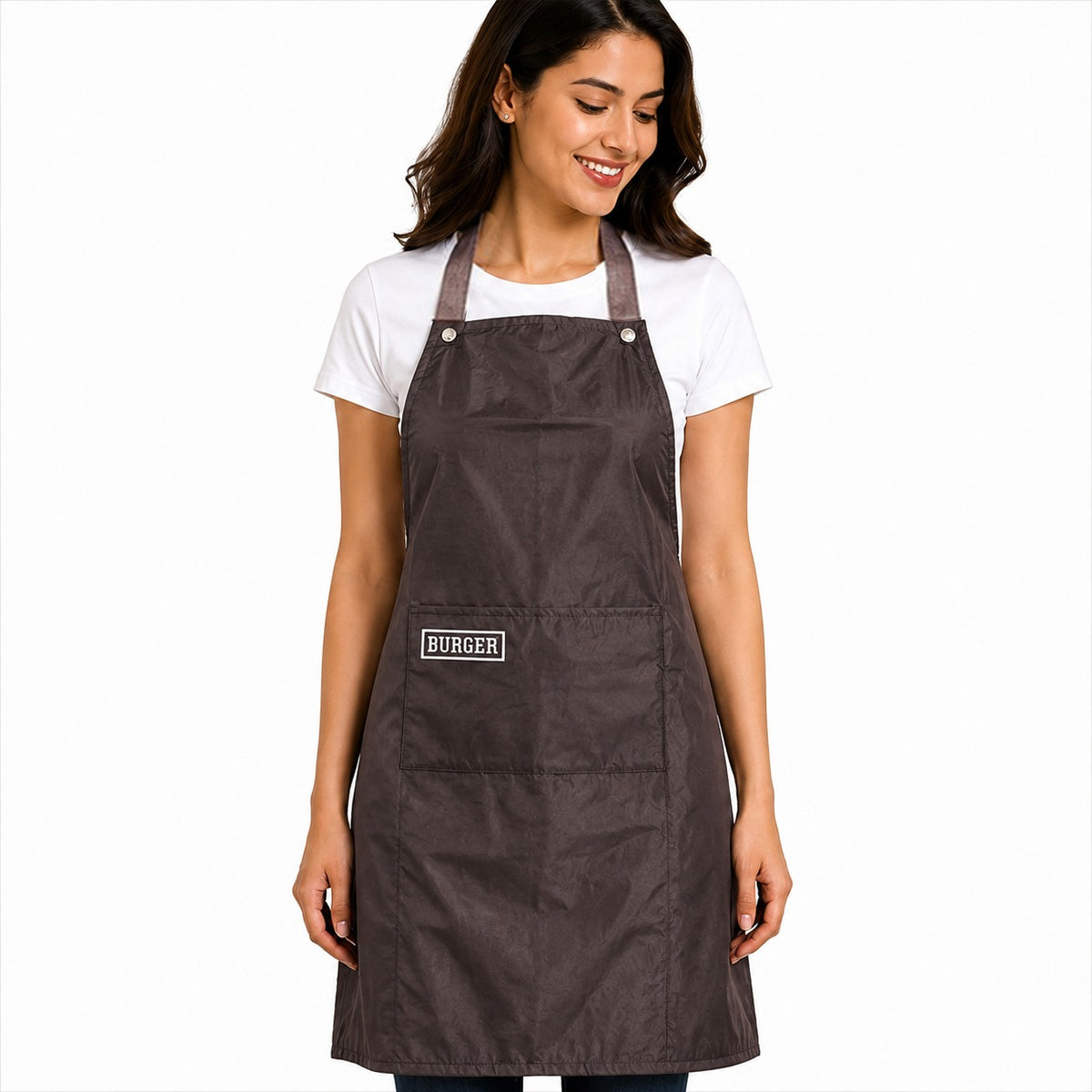 Woman wearing a brown apron with 'Burger' logo on a white background