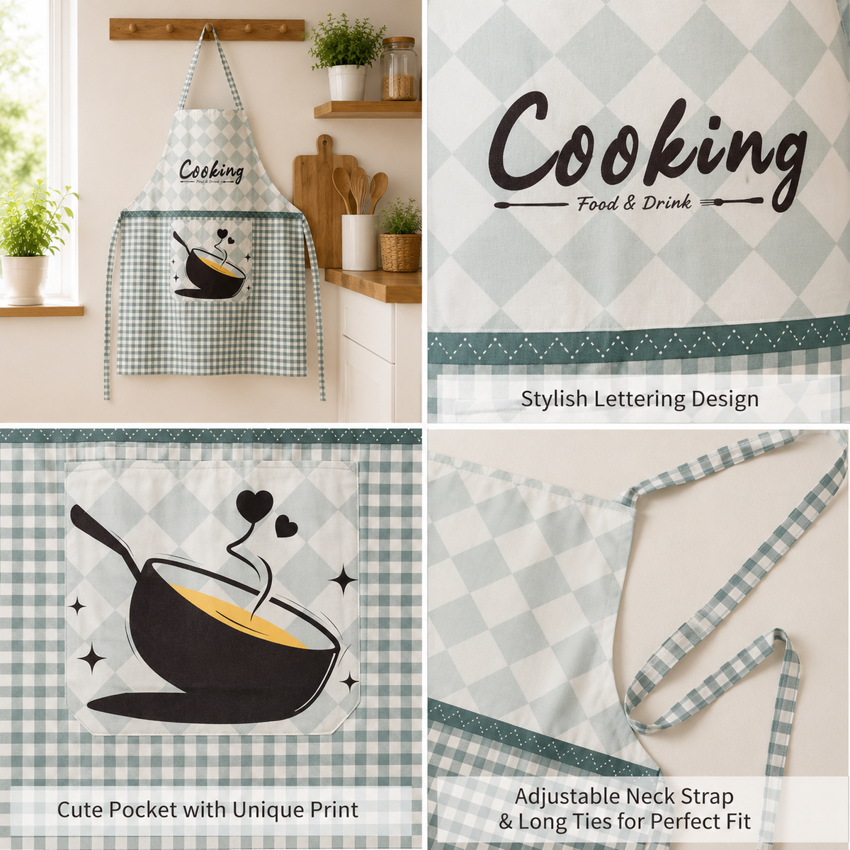 Collage of a checkered apron with text and design elements on a kitchen background