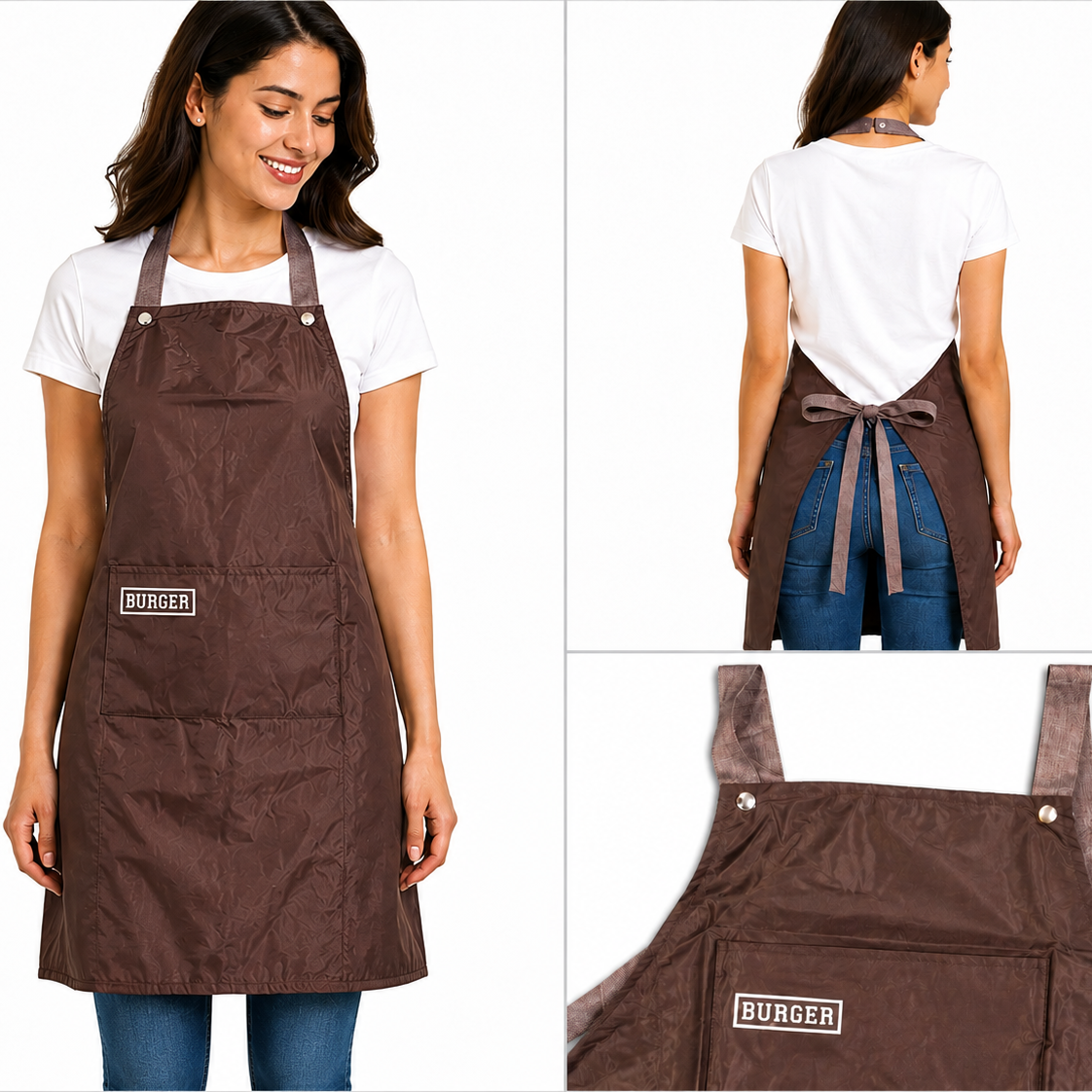 Brown apron worn by a person, shown from front and back views, with close-up of the apron on a white background.