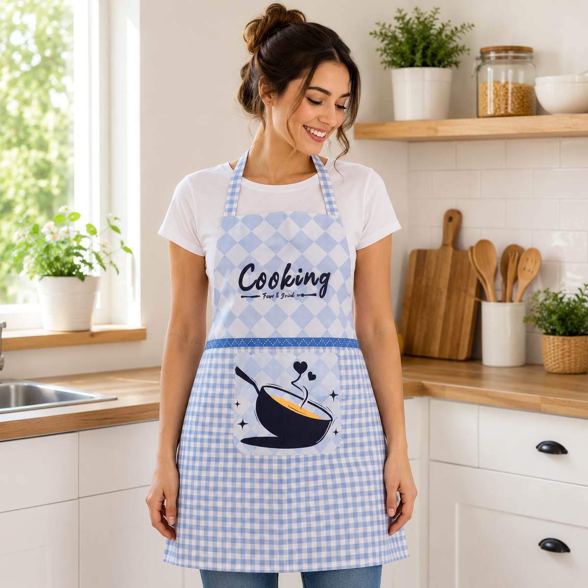 Woman wearing a blue checkered apron with 'Cooking' text in a kitchen.