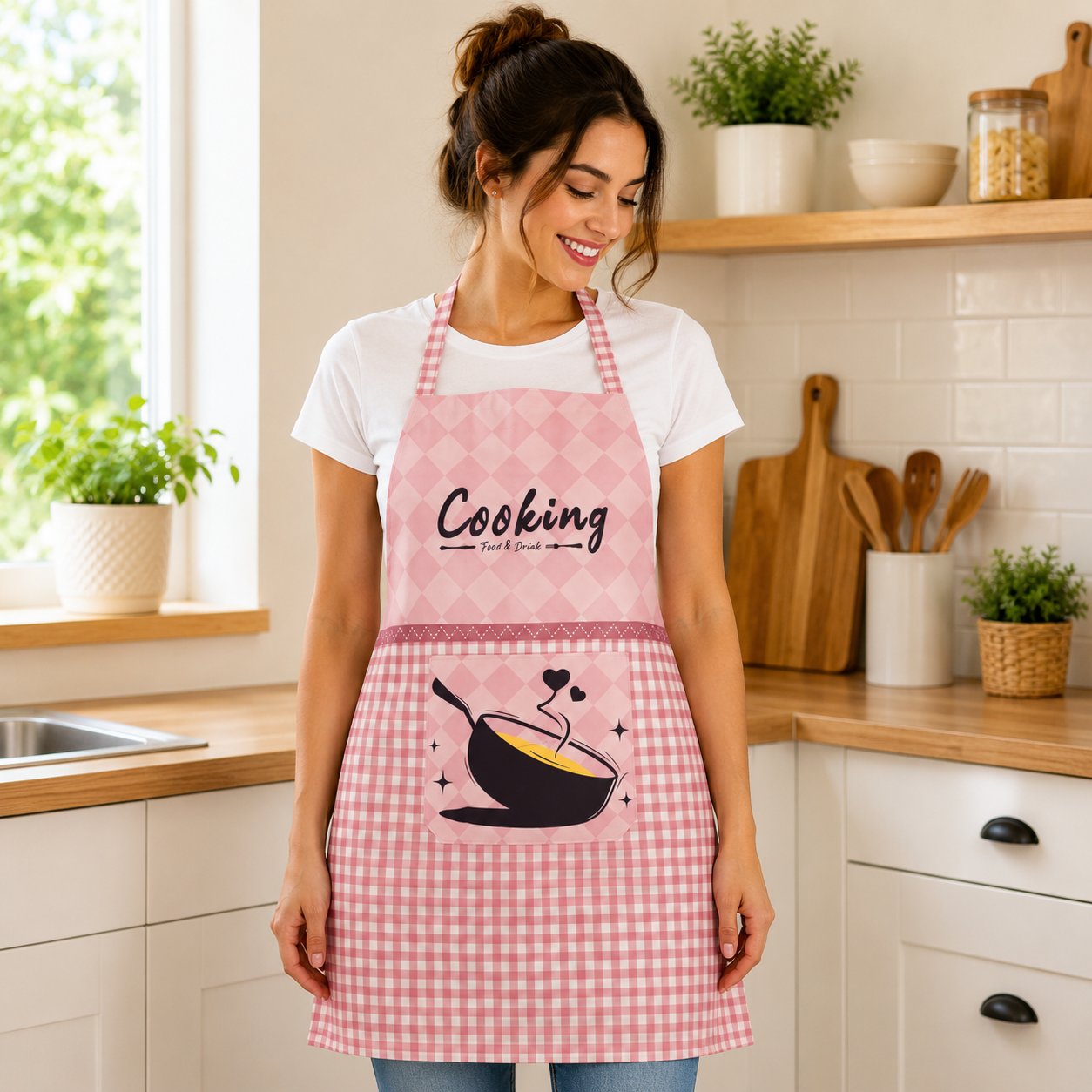 Woman wearing a pink checkered apron with 'Cooking' text in a kitchen.