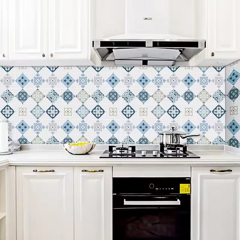 A Waterproof Self Adhesive Oil Proof Kitchen Bathroom Wallpaper is Sticked On the Wall Of a Kitchen.