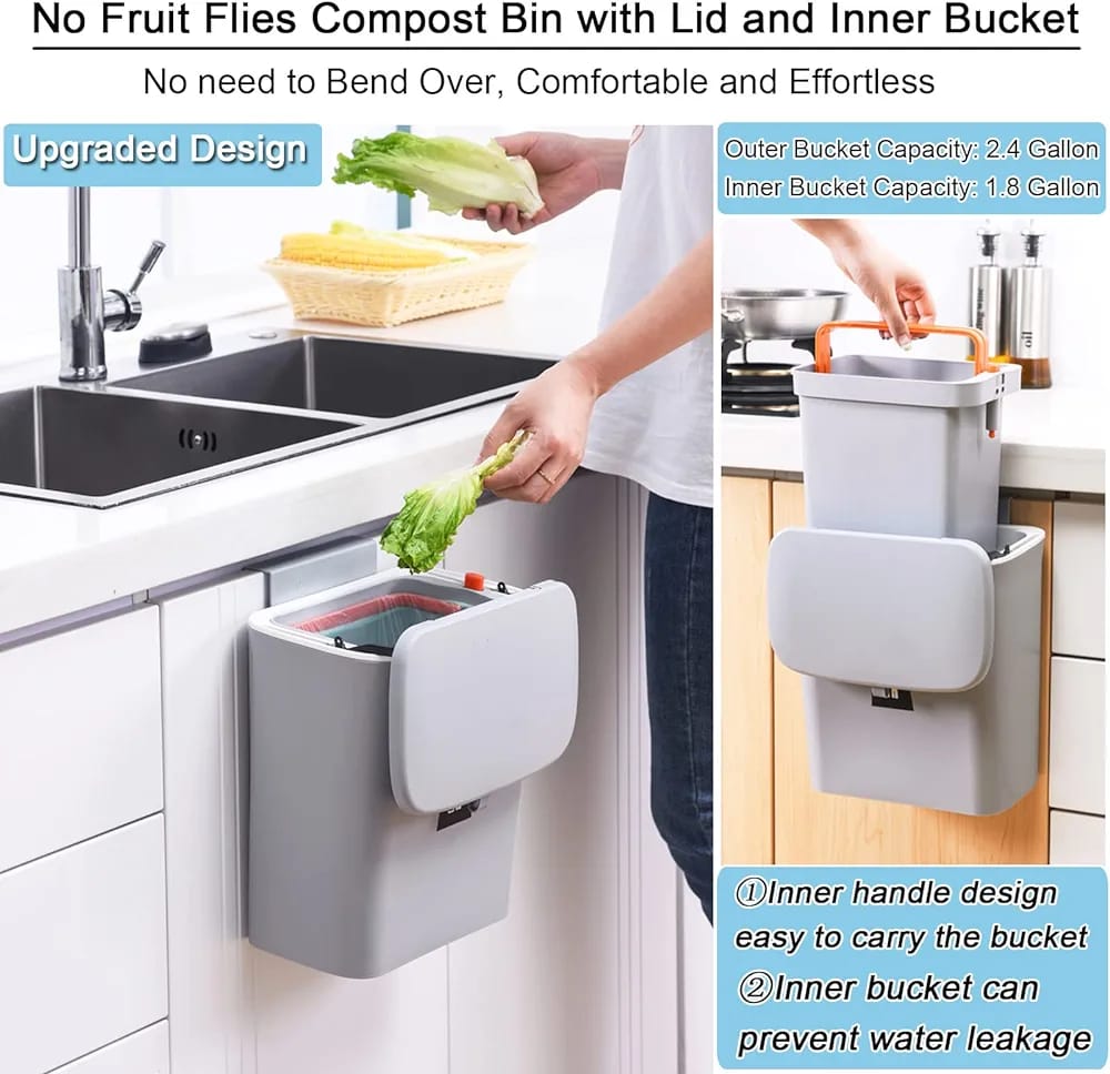 Someone using a kitchen cabinet door wall-mounted hanging trash can