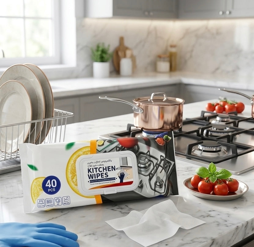 Kitchen Cleaning Wet Wipes Placed in a Kitchen Countertop.