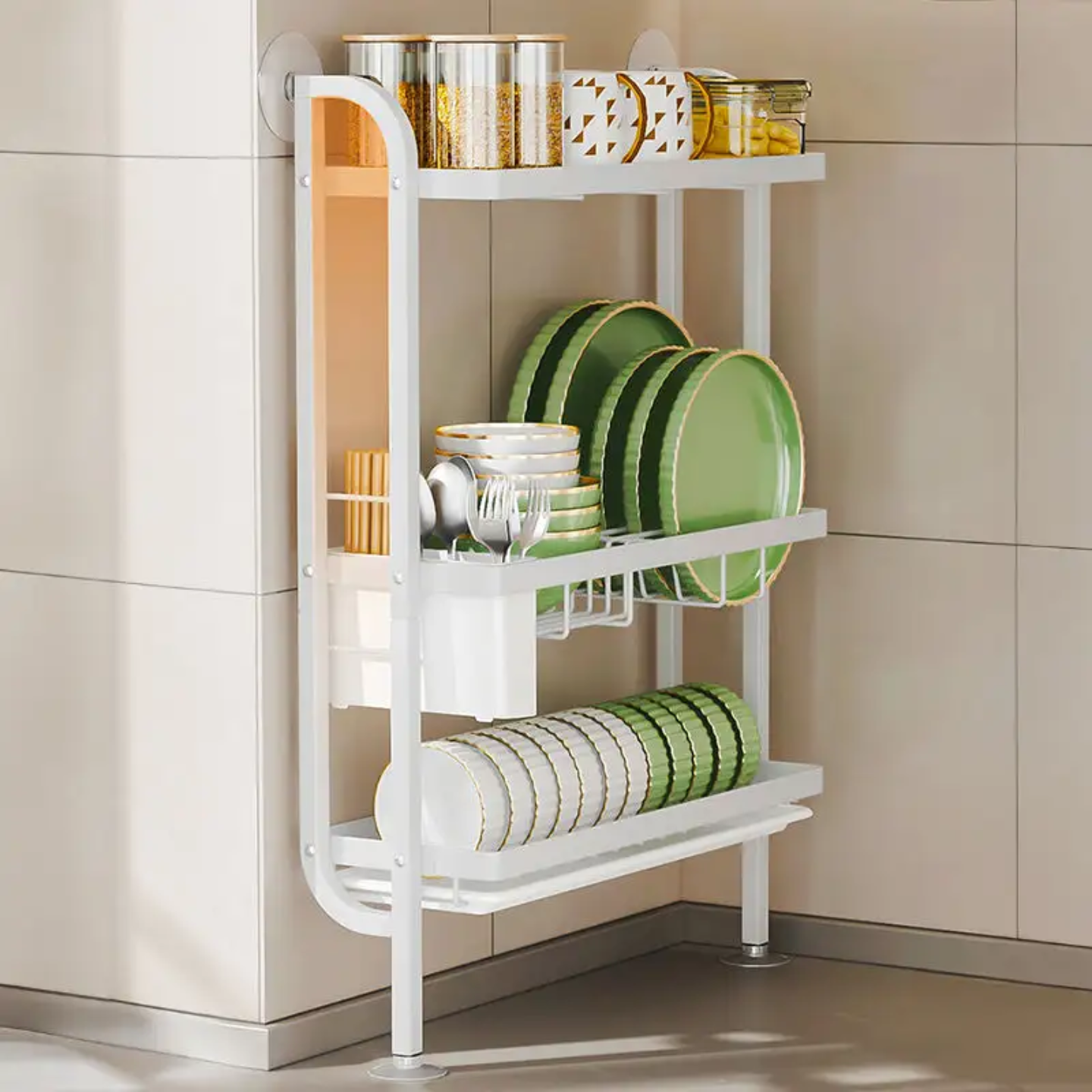 Different Utensils are Arranged in a Kitchen Dish Storage Rack.