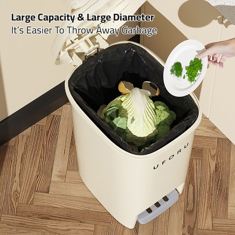 A Person is Throwing Waste in to Kitchen Garbage Basket With Lid