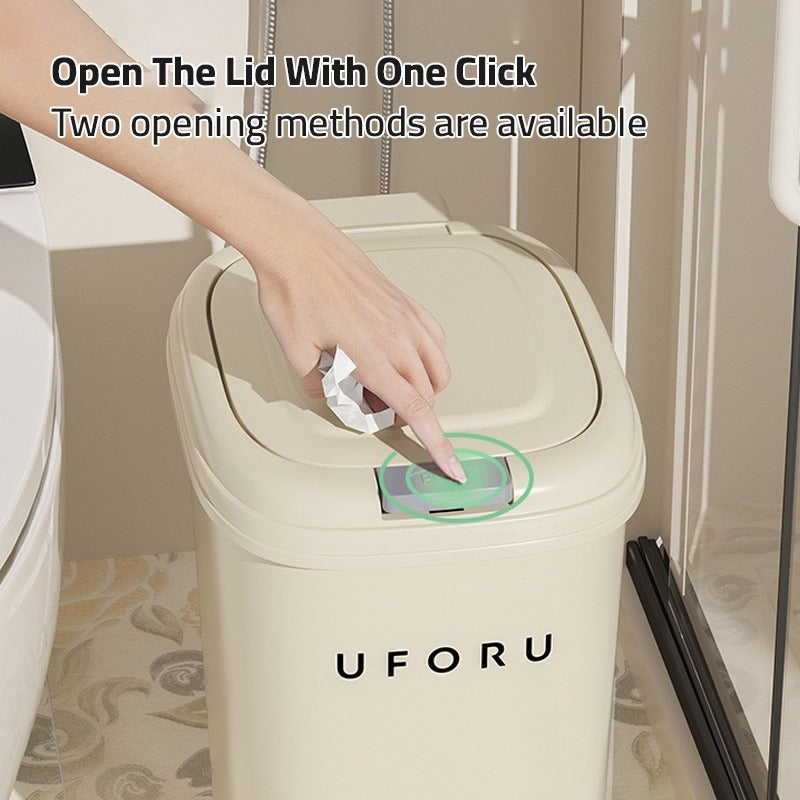 A Person is Pressing The Button Of Kitchen Garbage Basket With Lid