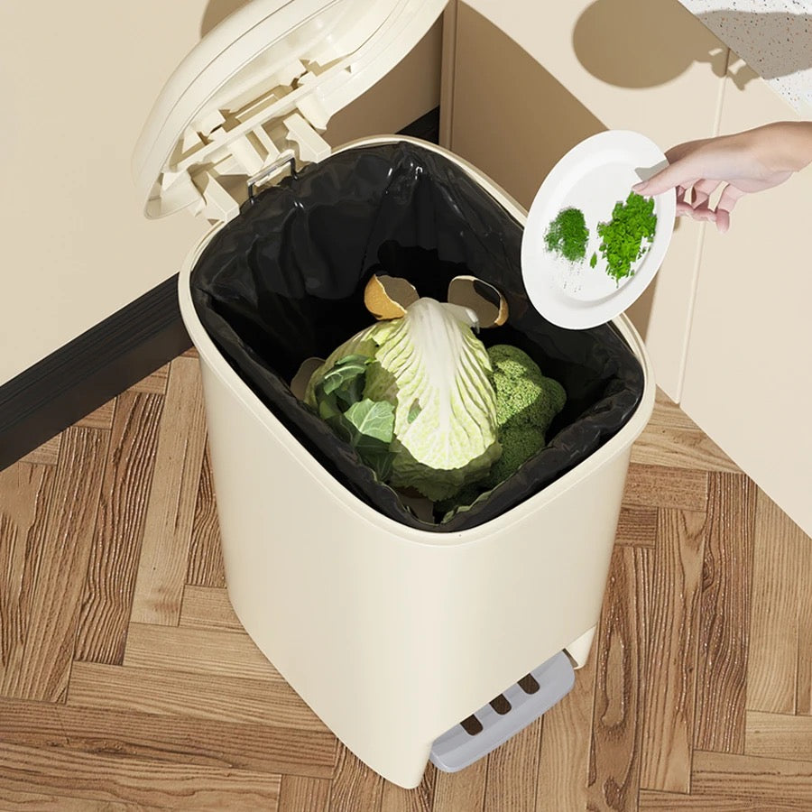 A Person is Throwing Waste in to Kitchen Garbage Basket With Lid
