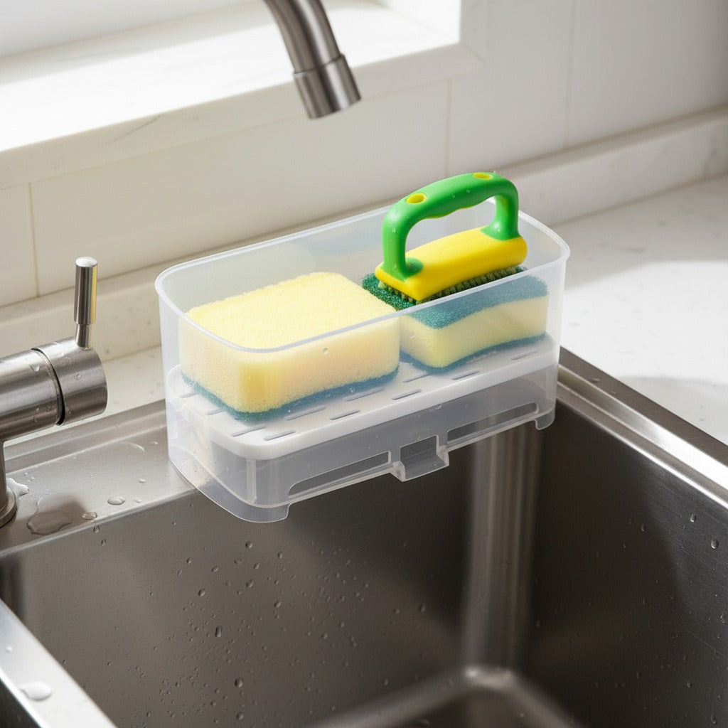 Kitchen Sink Drain Rack Caddy Organizer is Placed Next to Kitchen Sink Organized with Cleaning Tools.