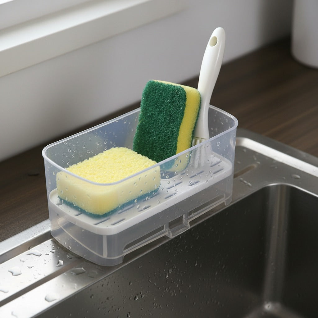 Kitchen Sink Drain Rack Caddy Organizer is Placed Next to Kitchen Sink Organized with Cleaning Tools.