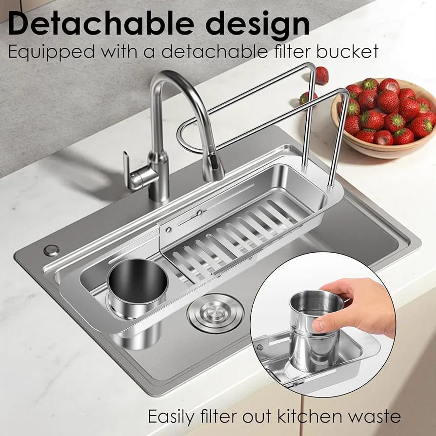 A Person is Holding Filter Bucket Of Kitchen Sink Organizer Storage Drain Rack.