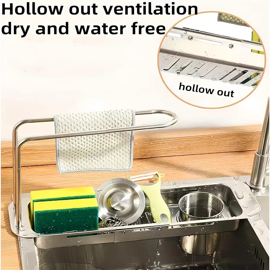Kitchen Sink Organizer Storage Drain Rack is Organized with Cleaning Essentials.