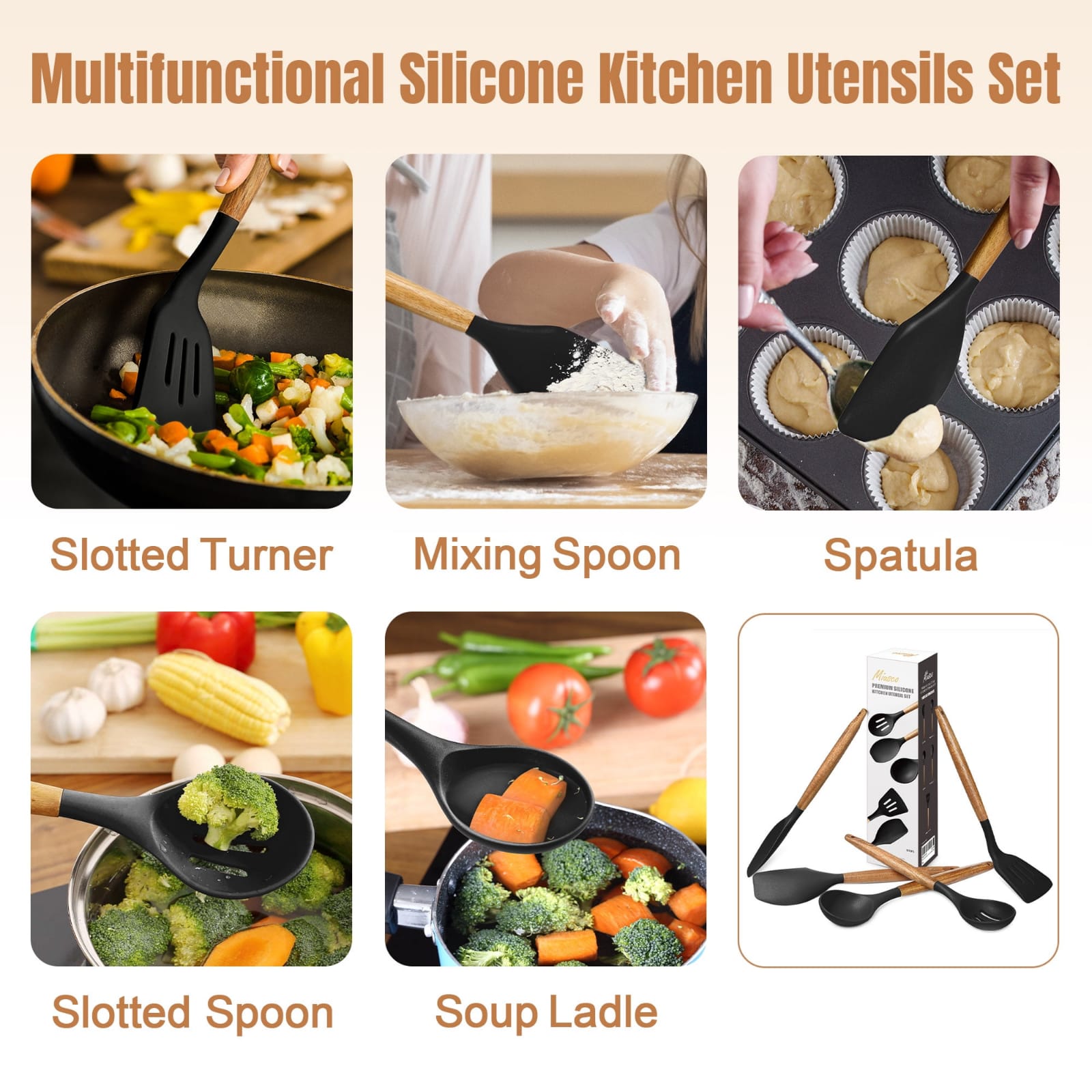 A Person Is Using Different Spoon From Kitchen Spoon Utensil Set To Cook Food.