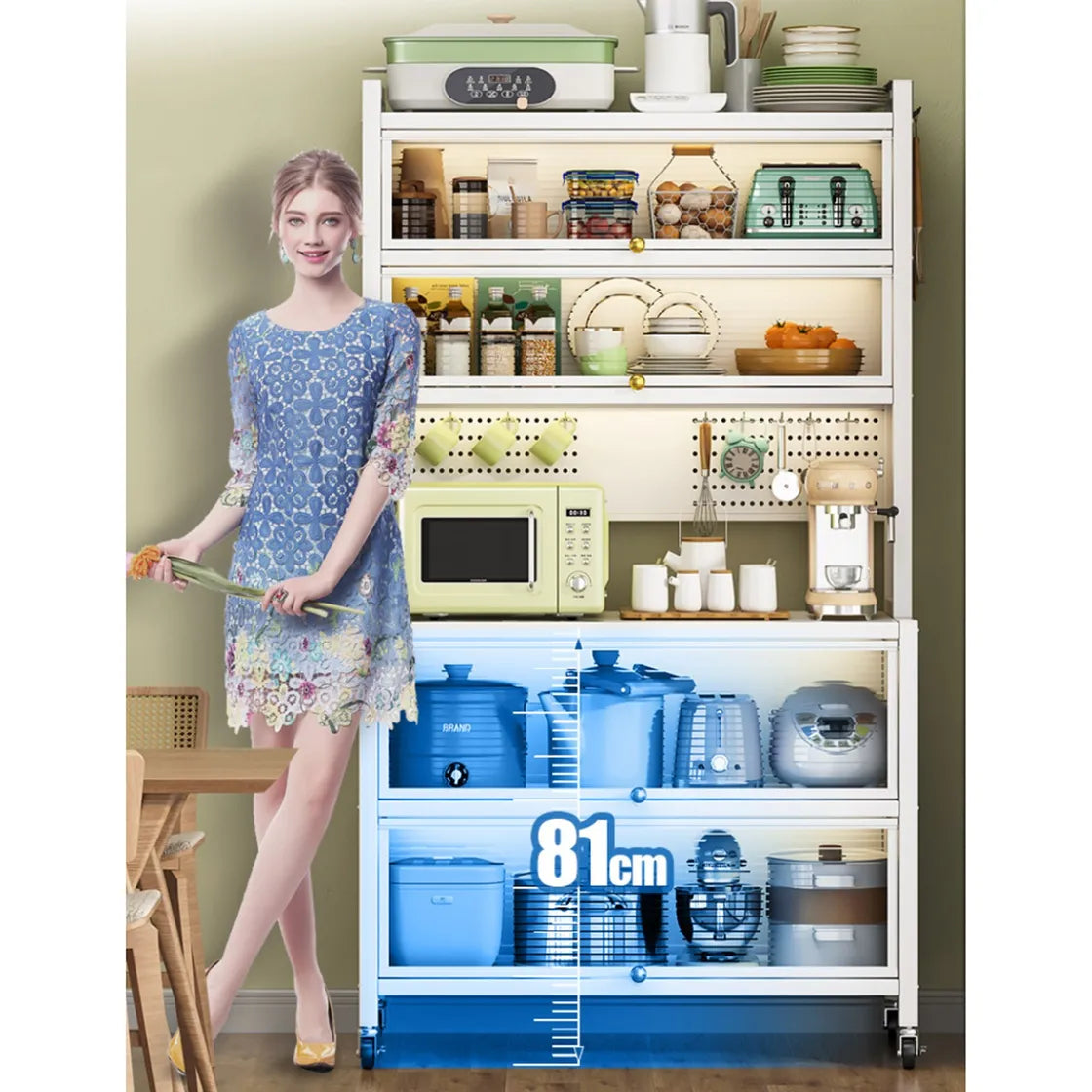 A Women is Standing Next to Kitchen Storage Pantry Cabinet  With Kitchen Items.