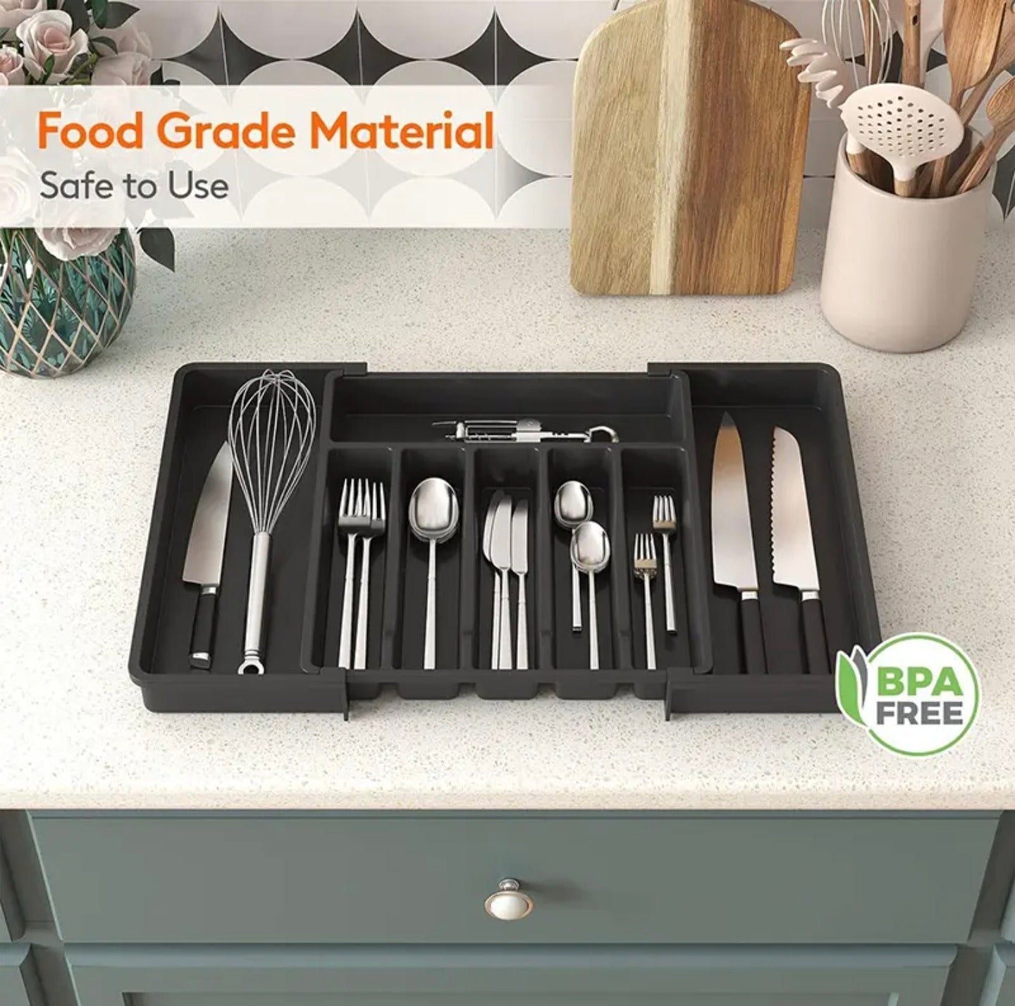 A Kitchen Tableware Storage Box showing neatly organized knives, spoons, forks, and cooking utensils in multiple compartments.