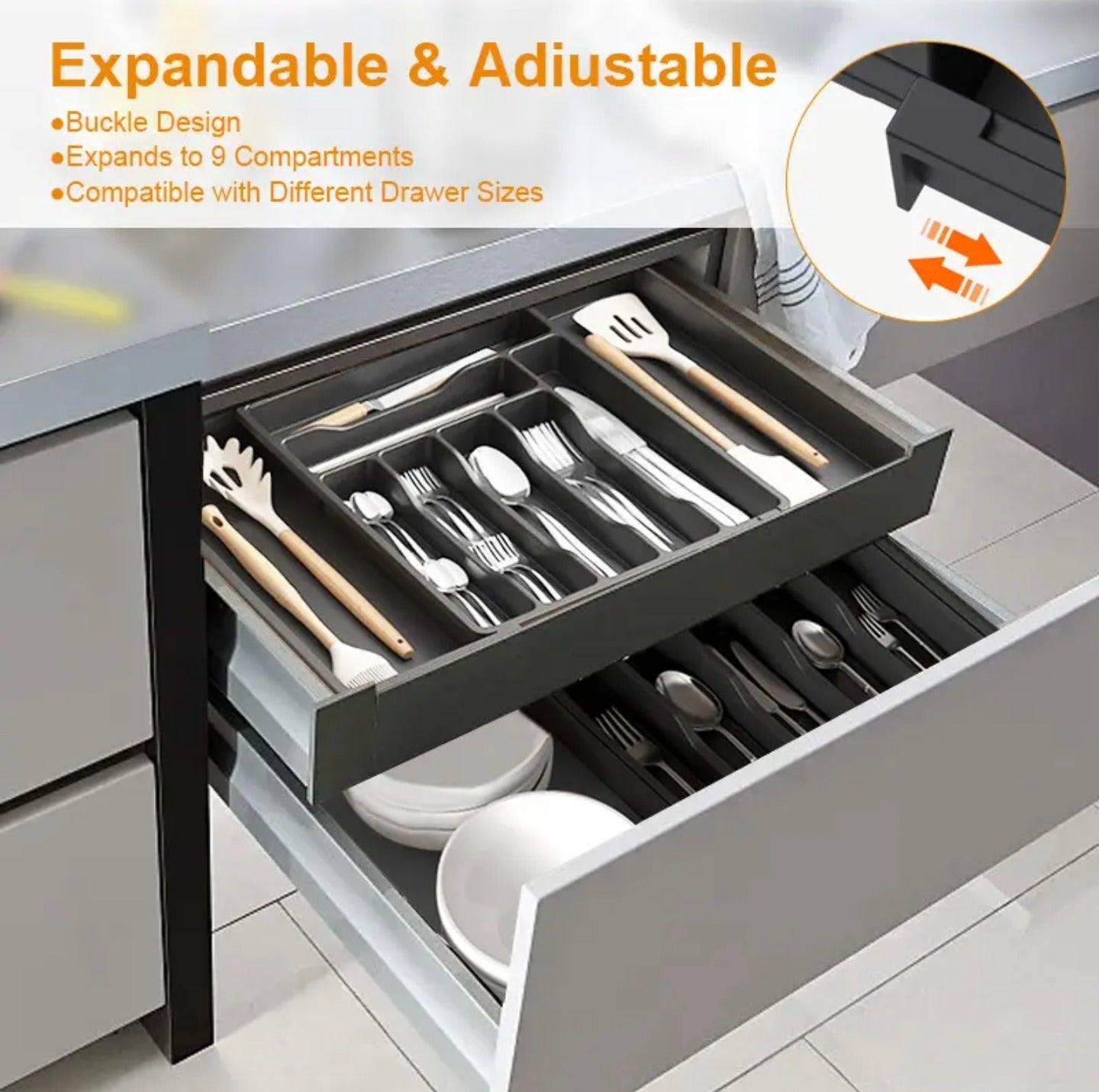 Kitchen Tableware Storage Box inside a drawer showing neatly organized knives, spoons, forks, and cooking utensils in multiple compartments