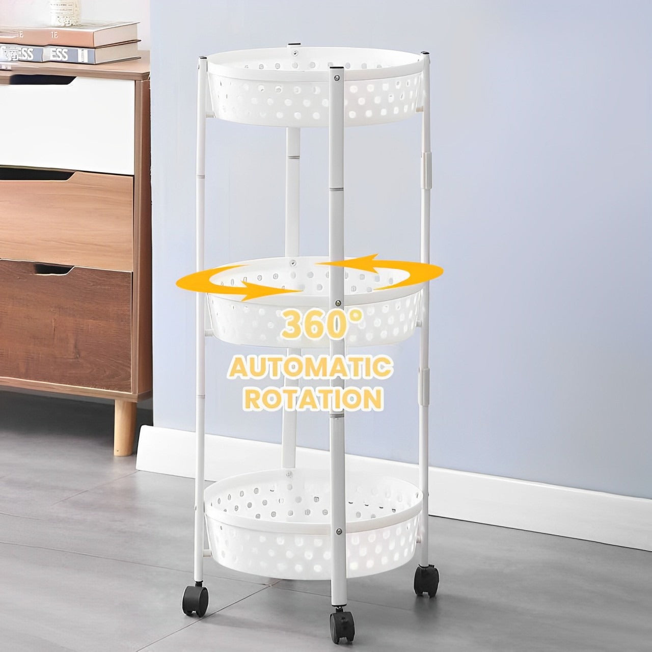 360 degree automatic rotation of 3 Layer Kitchen Trolley.