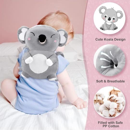 A Baby is Wearing Baby Head Protector Pillow.