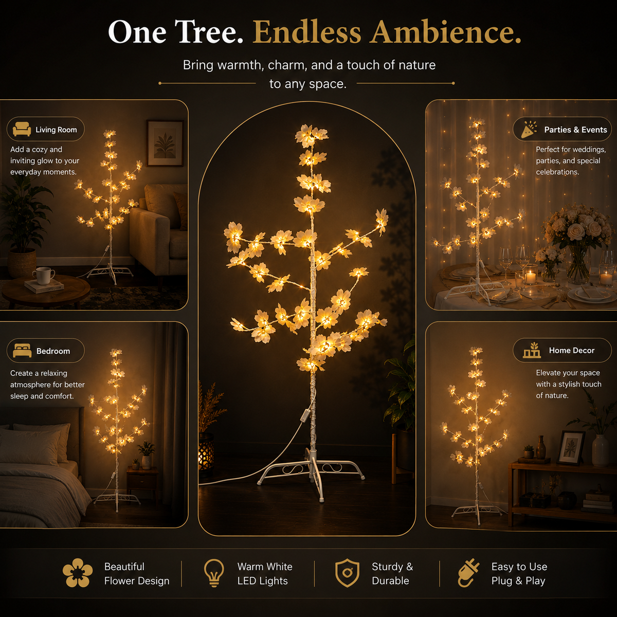 Decorative LED tree with warm white lights in various settings.