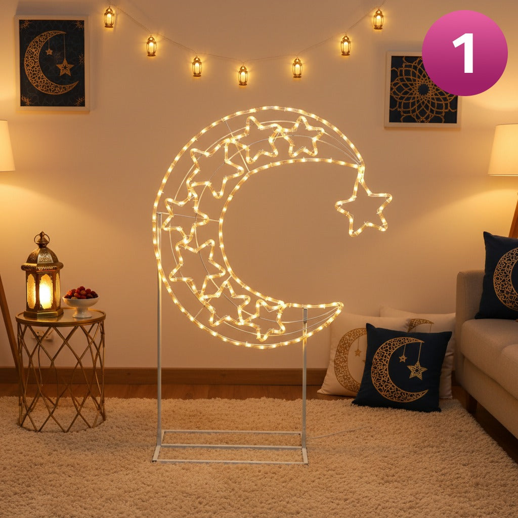 LED Moon & Star Floor Standing Light are Placed in a Living Area with a Ramadan Ambience.