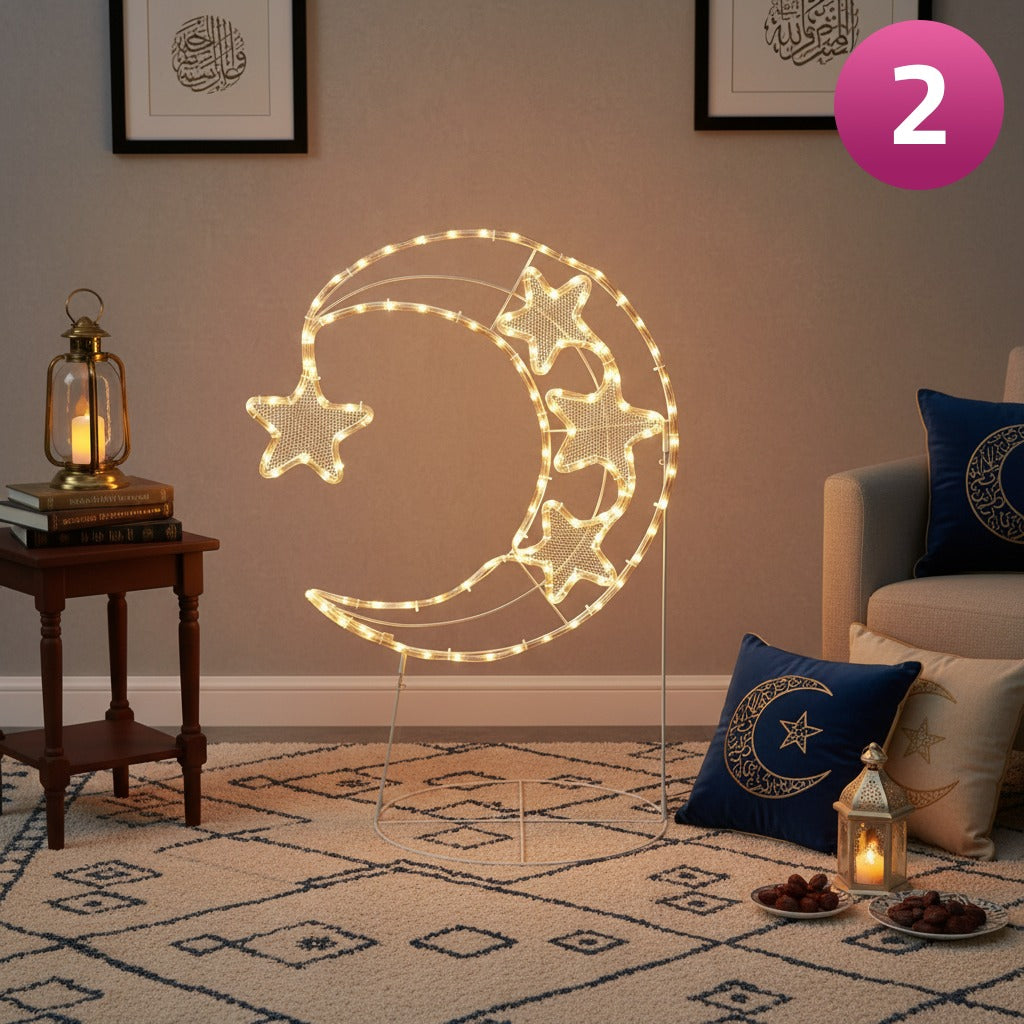 LED Moon & Star Floor Standing Light are Placed in a Living Area with a Ramadan Ambience.