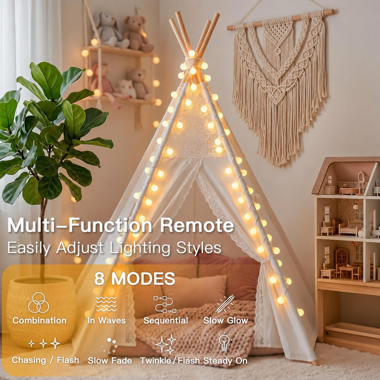 A room with a teepee decorated with string lights, a plant, and shelves.