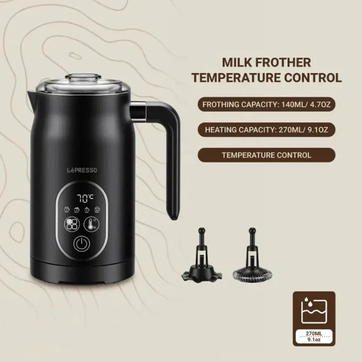 Black LEPRESSO Four Froth Milk Frother with temperature control functionality, displayed against a clean beige background