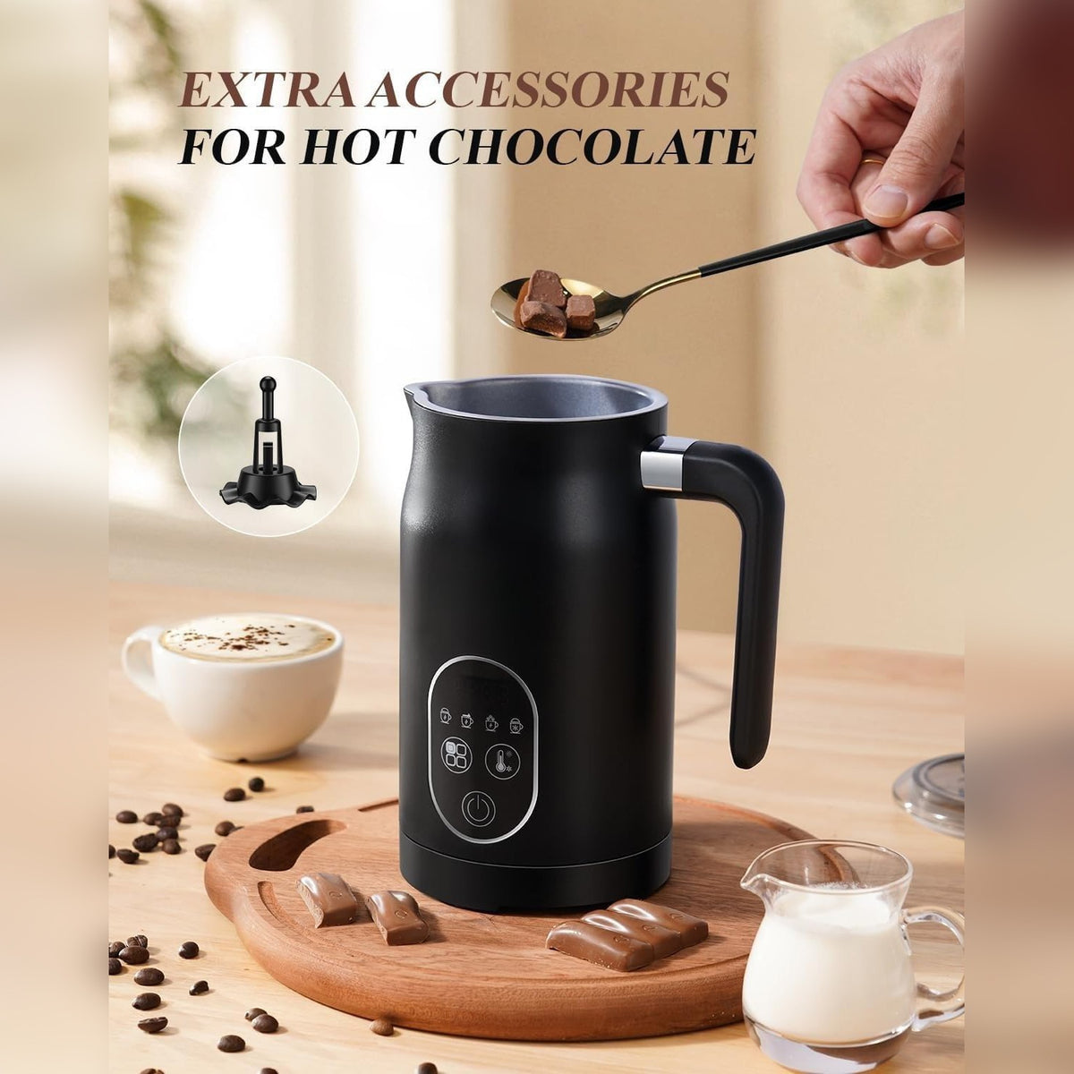 A hand adding chocolate pieces into a LEPRESSO Four Froth Milk Frother with a spoon, placed on a wooden serving board. Surrounding the frother are chocolate bars, scattered coffee beans, and a freshly prepared cup of cappuccino or latte