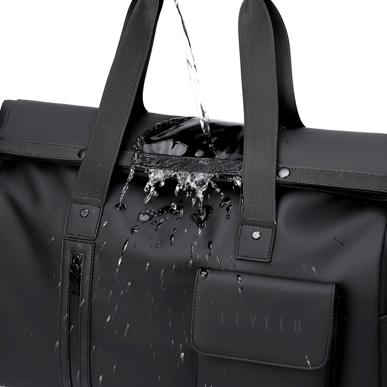 A LEVELO Monaco Waterproof Travel Duffel Bag with water splashing off its surface, featuring dual top handles, a front zip pocket, and a lower flap pocket with the brand name 'LEVELD' debossed. Water is shown pouring into the top opening to demonstrate its water-resistant properties against a white background.