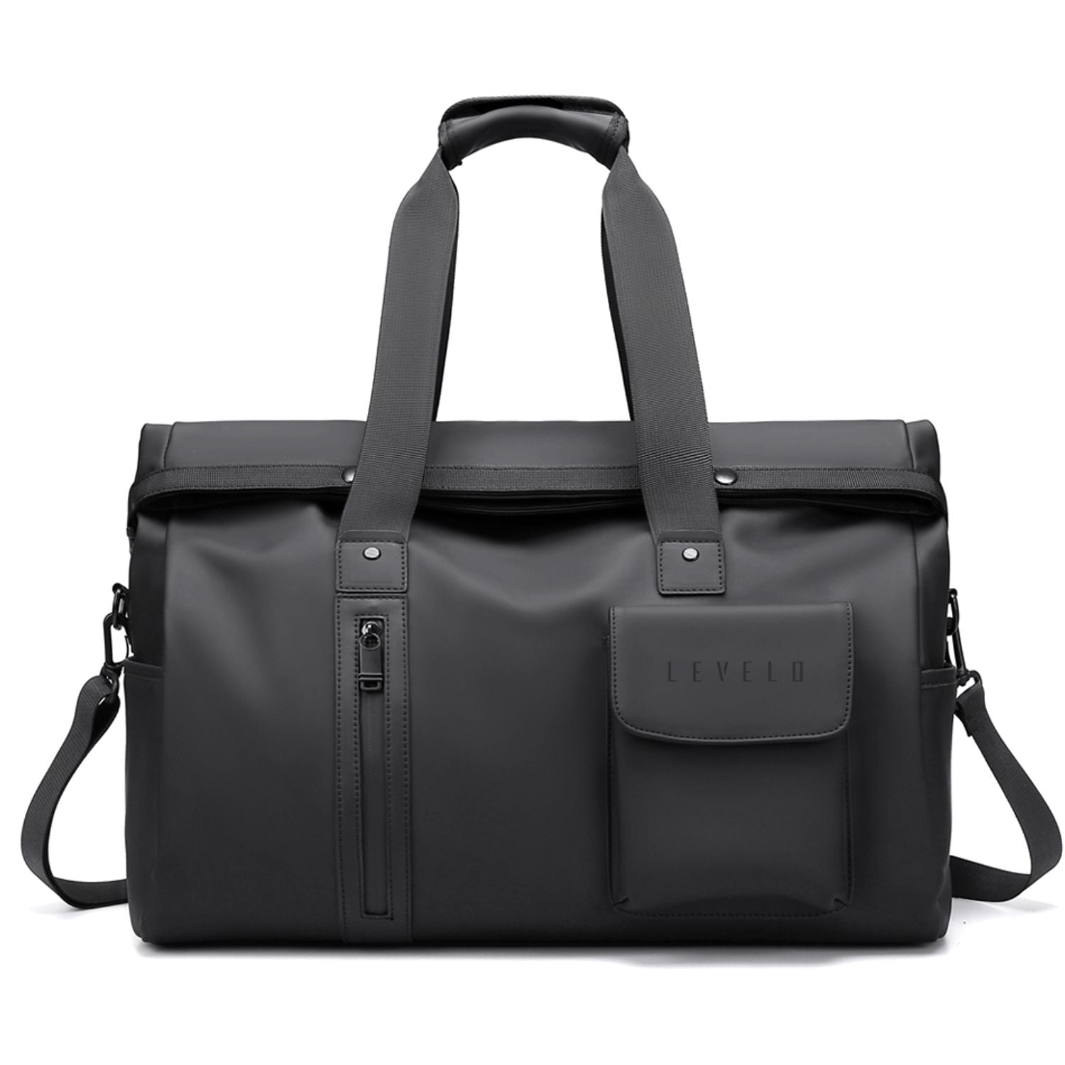 A LEVELO Monaco Waterproof Travel Duffel Bag with dual top handles, a front pocket featuring the debossed brand name 'LEVEL', and a side shoulder strap, shown against a plain white background.