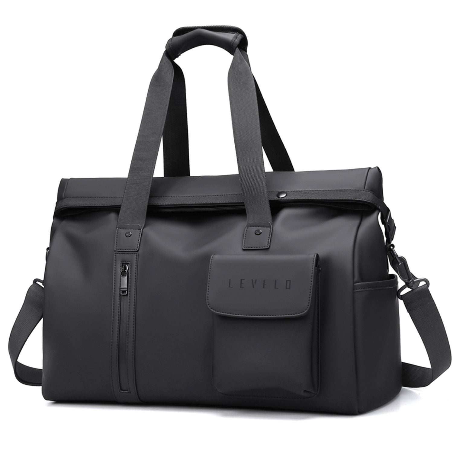A LEVELO Monaco Waterproof Travel Duffel Bag with dual top handles, a detachable shoulder strap, a front zippered pocket, and a front flap pocket embossed with the brand name 'LEVELU'.