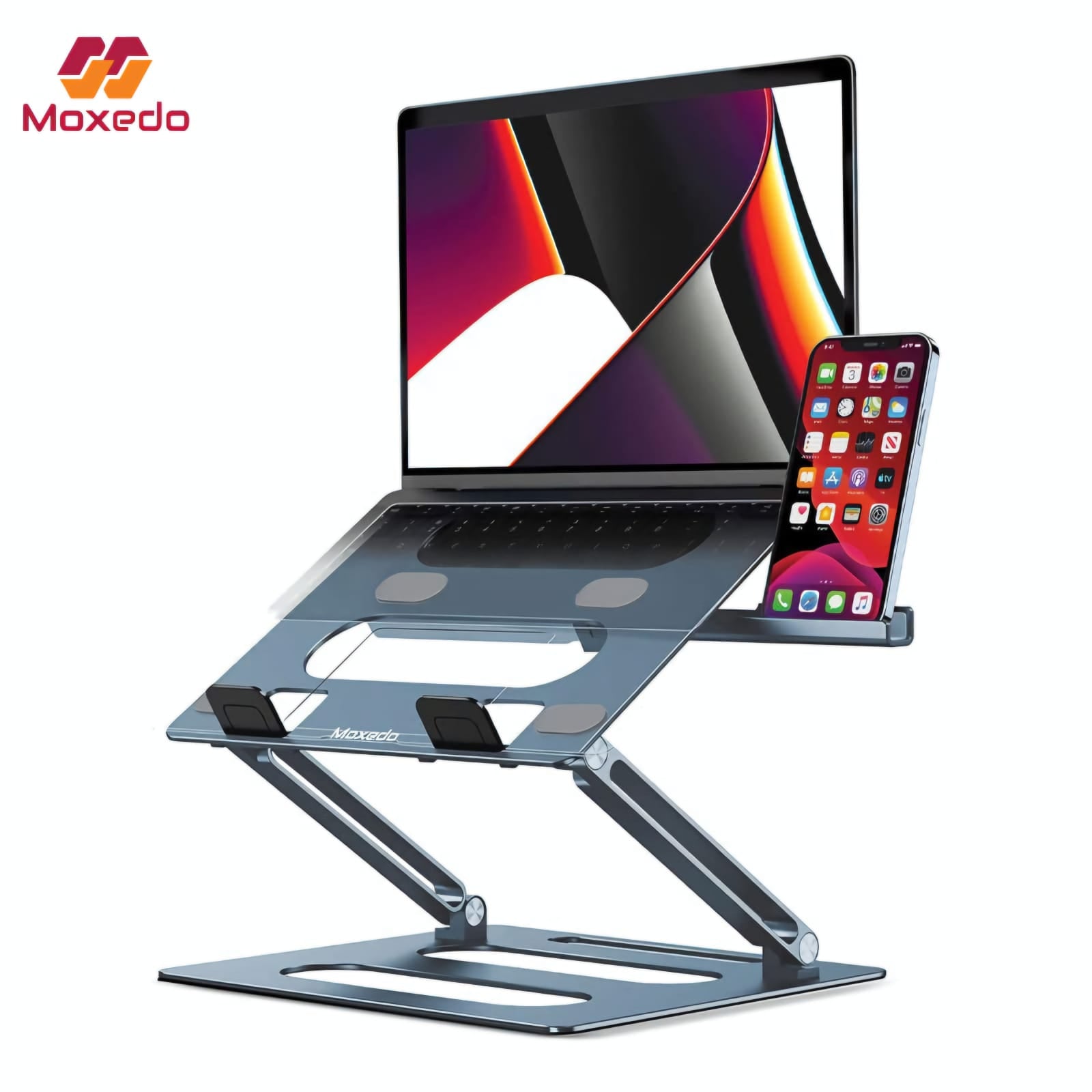 A Laptop and Mobile Phone is Placed On Moxedo Foldable Laptop Stand with Phone Holder 