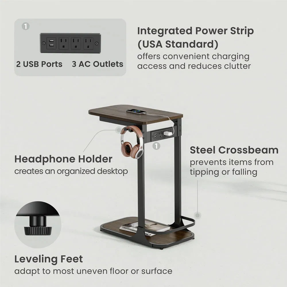 An adjustable laptop desk with a dark wood top and black steel frame, shown on a light gray background with callout text and inset detail images highlighting features like the integrated power strip, headphone holder, leveling feet, and steel crossbeam.