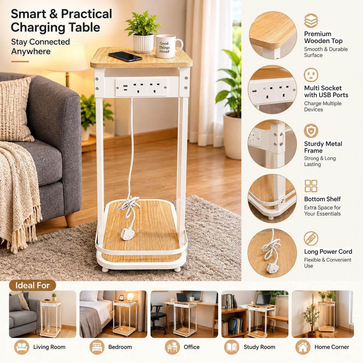 A smart and practical laptop table shown in a living room setting, featuring a light wood top, white frame, built-in USB charging ports, a bottom shelf, and caster wheels. The image includes feature callouts on the right and usage suggestions at the bottom.