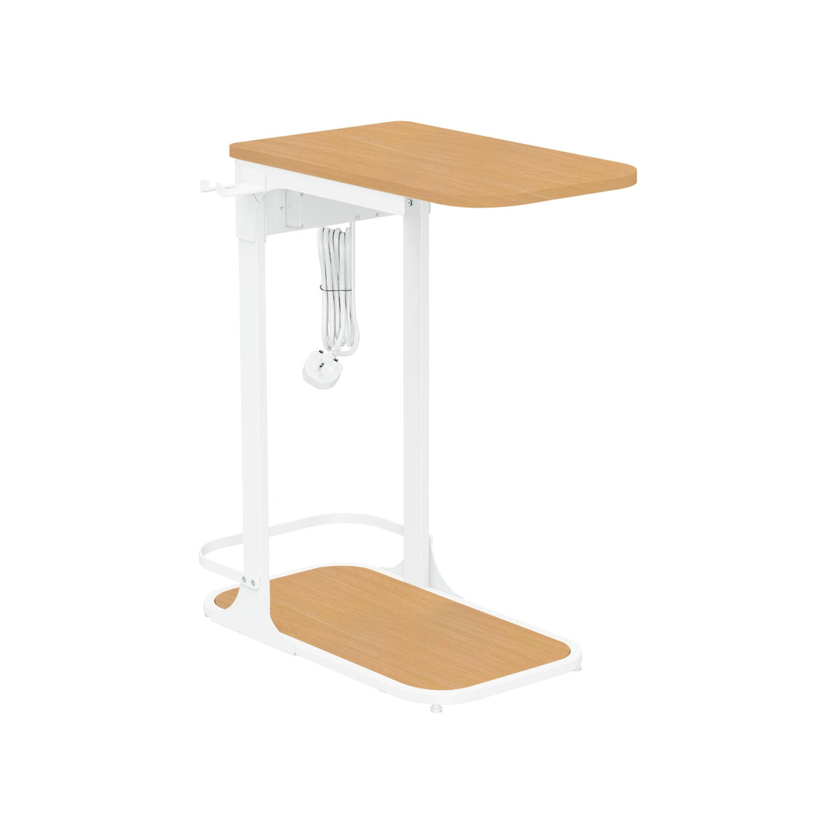 An adjustable laptop desk with a white metal frame and light brown wood-grain desktop and footrest, shown on a solid white background.