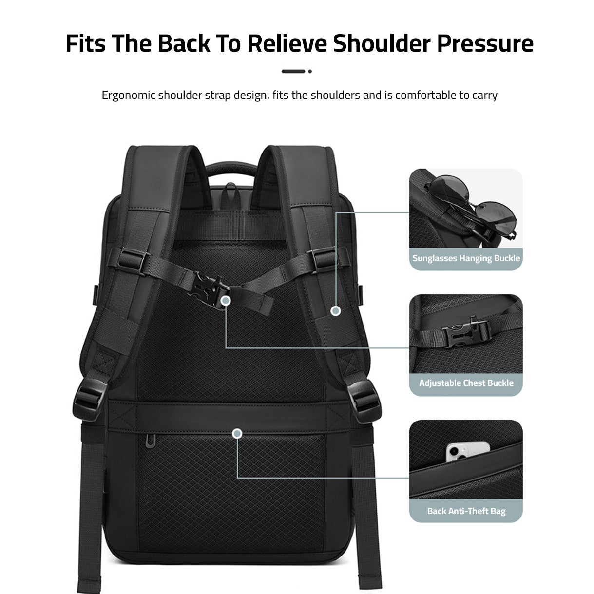 Strap Details Of Large Capacity Expandable Travel Backpack.