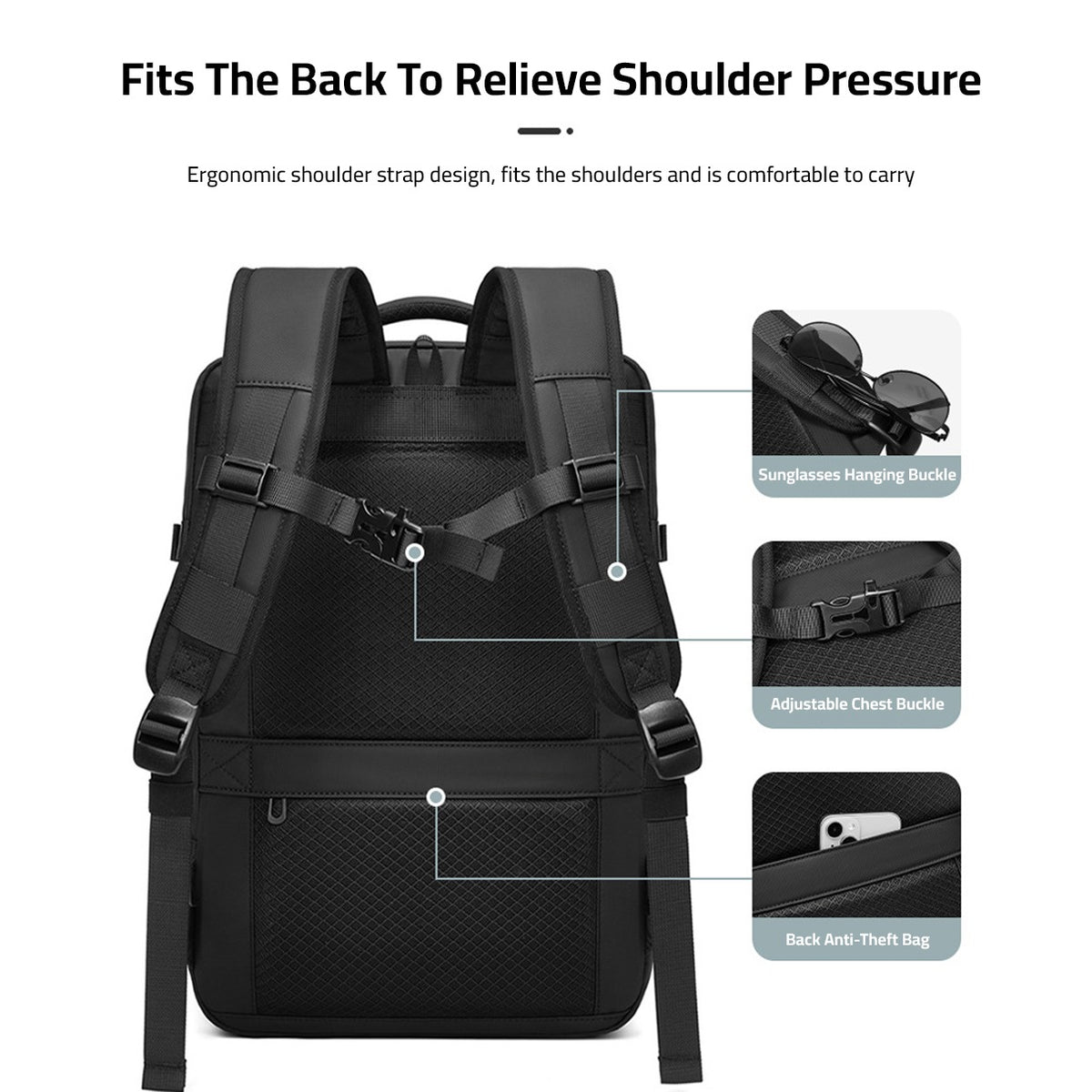 Strap Details Of Large Capacity Expandable Travel Backpack.
