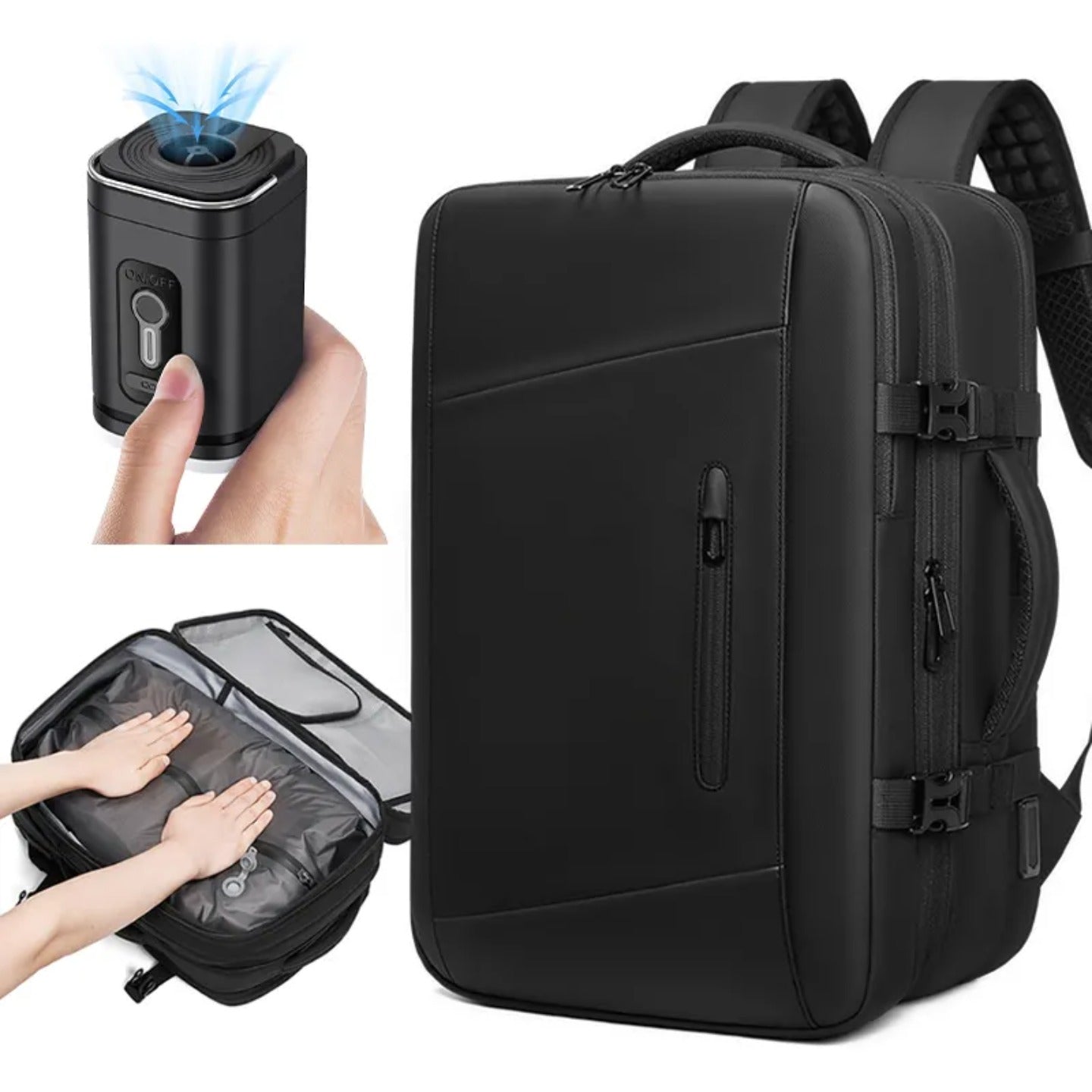 A Person is Compressing Large Capacity Expandable Travel Backpack.