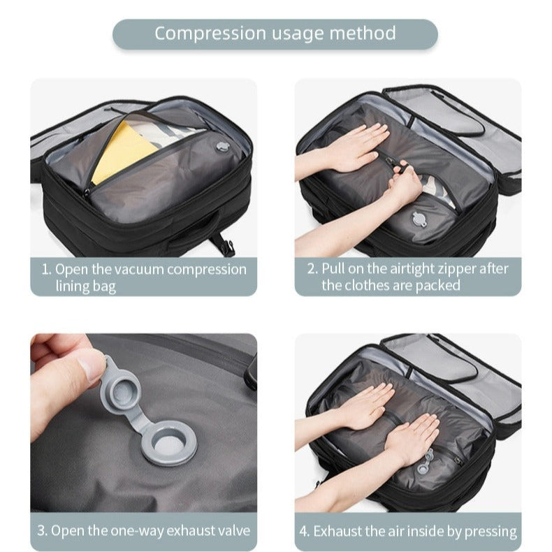 A Person is Compressing Large Capacity Expandable Travel Backpack.
