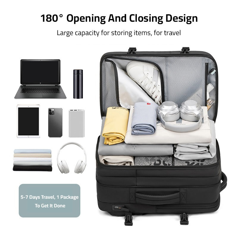 Large Capacity Expandable Travel Backpack Organized with Travel Essentials.