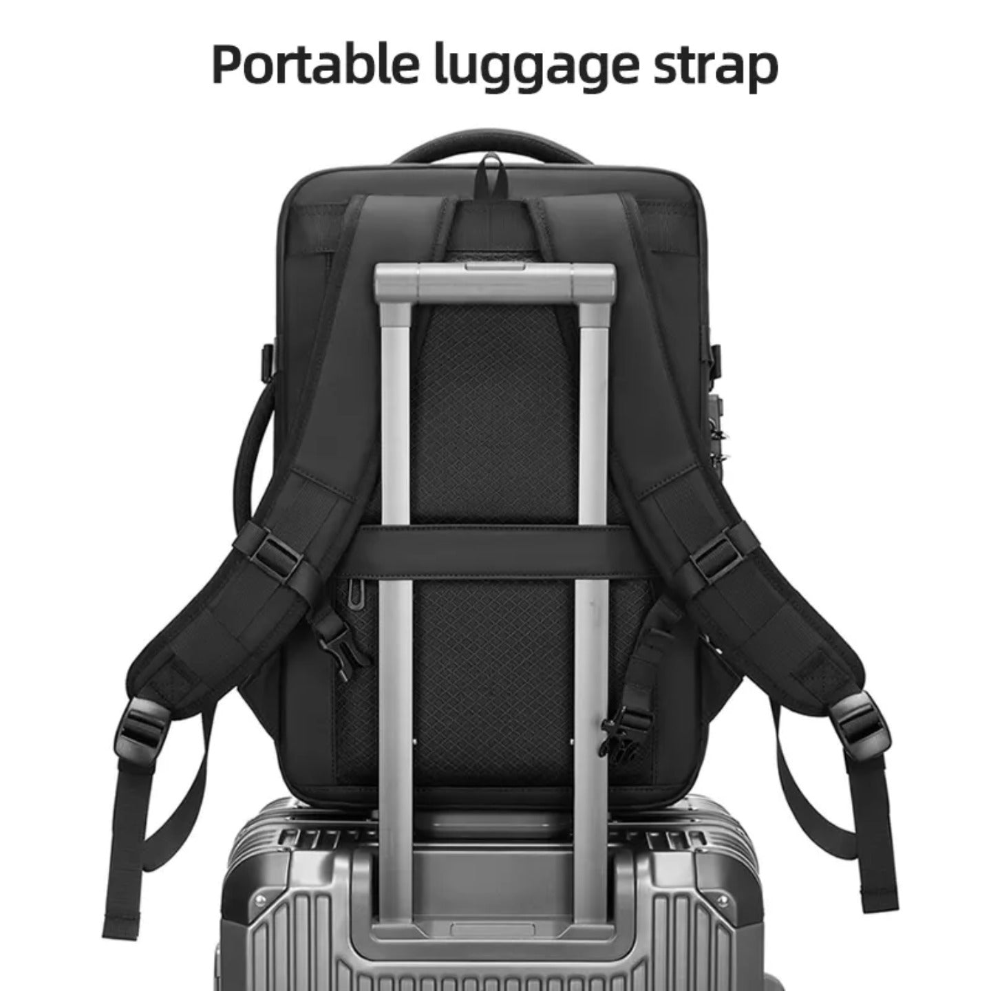 Large Capacity Expandable Travel Backpack is Kept On a Trolley Bag.